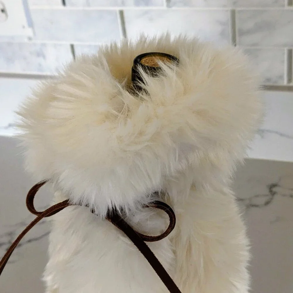 RESTORATION HARDWARE Creme Faux Fur Wine Bag Leather Ties